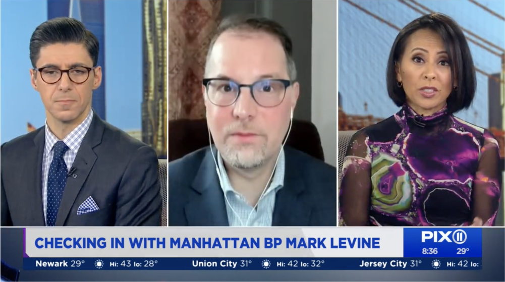 Screenshot of Mark Levine on PIX11 news with two news anchors