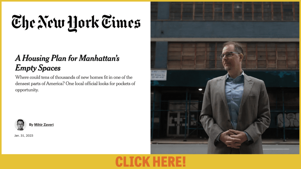 Graphic for New York Times article featuring Borough President Mark Levine, titled "A Housing Plan for Manhattan's Empty Spaces"