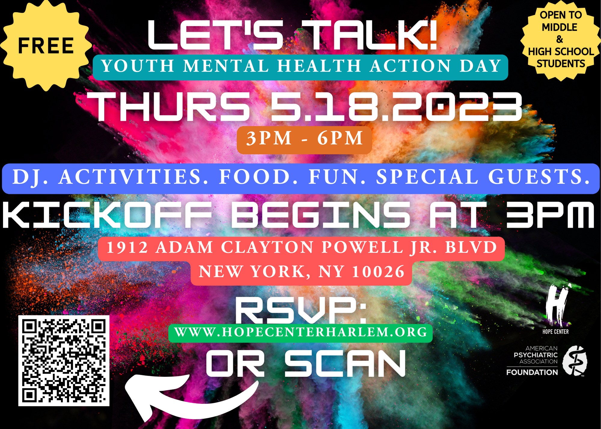 Flier for Hope Center Harlem's free Youth Mental Health Action Day